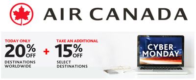 Air Canada Cyber Monday 2019 Sale: Today only, Save 20% off Destinations Worldwide + Extra 15% off Select Destinations with Coupon Code