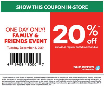 Shoppers Drug Mart Canada Family & Friends Event Save 20% Off on December 3